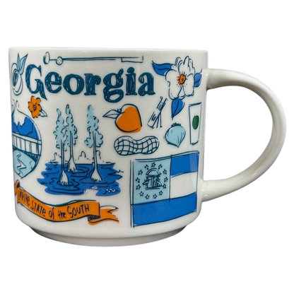 Starbucks Georgia Been There Series mug featuring Georgia-themed illustrations and state flag