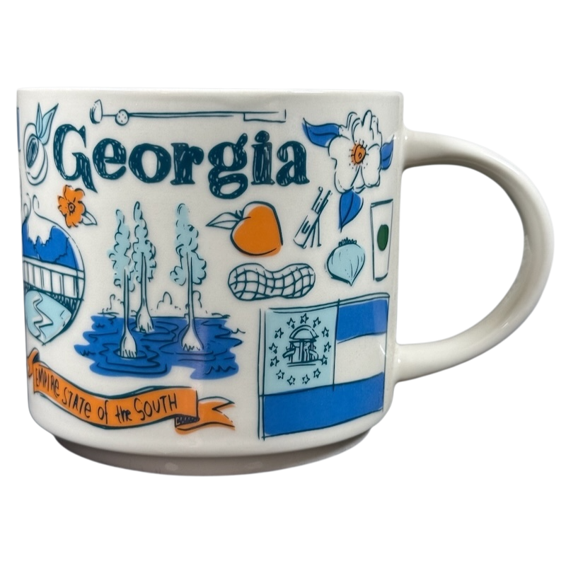 Starbucks Georgia Been There Series mug featuring iconic Georgia symbols and landmarks