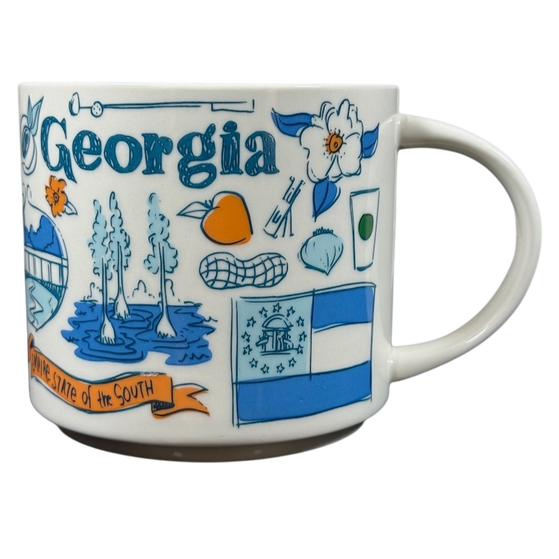 Starbucks Georgia Been There Series mug featuring state landmarks and symbols in blue and orange design