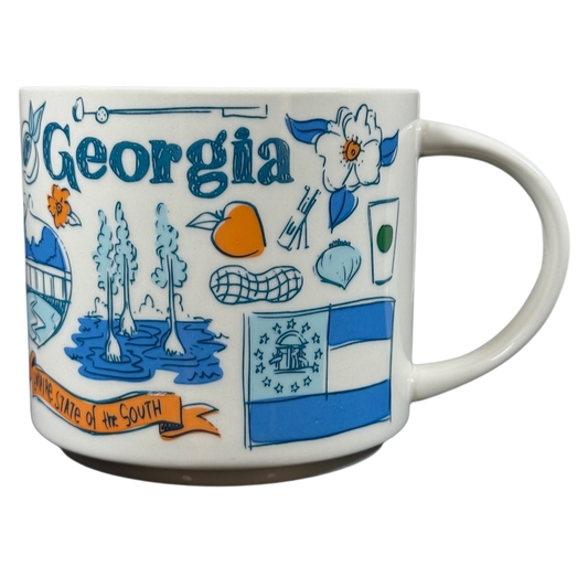 Starbucks Georgia Been There Series mug featuring state landmarks and symbols in blue and orange design