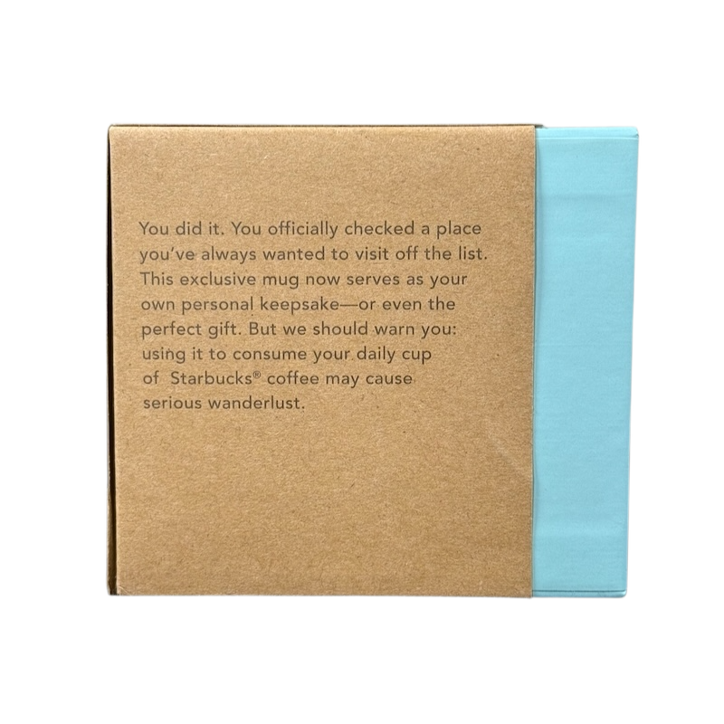 Starbucks Georgia Been There Series mug packaging with inspirational travel message on a brown and blue box