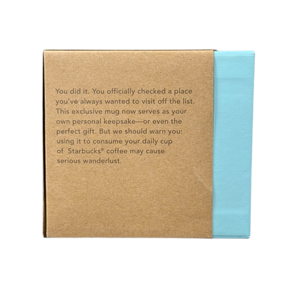 Starbucks Georgia Been There Series mug packaging with inspirational travel message on a brown and blue box