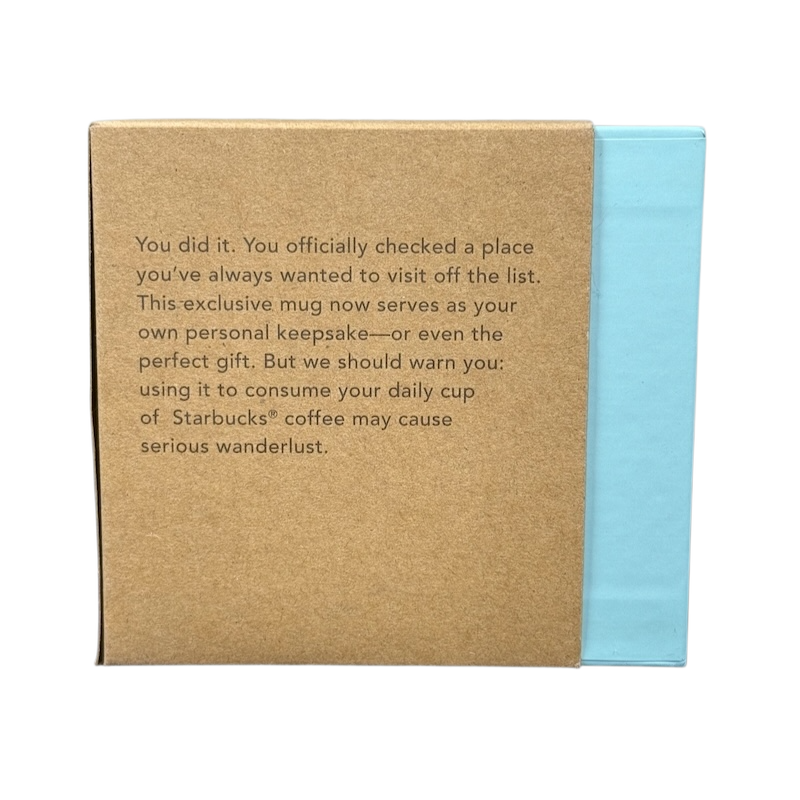 Starbucks Georgia Been There Series mug packaging with a travel-inspired message on a brown box