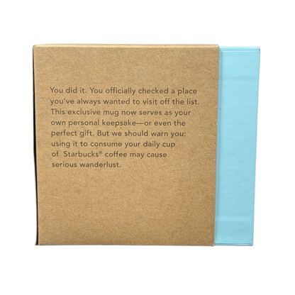 Starbucks Georgia Been There Series mug packaging with a travel-inspired message on a brown box