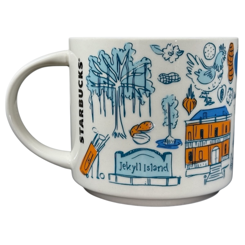 Starbucks Georgia Been There Series mug featuring Jekyll Island illustrations and local icons in blue and orange