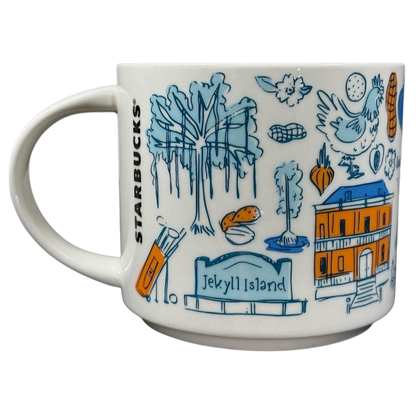 Starbucks Georgia Been There Series mug featuring Jekyll Island illustrations and local icons in blue and orange