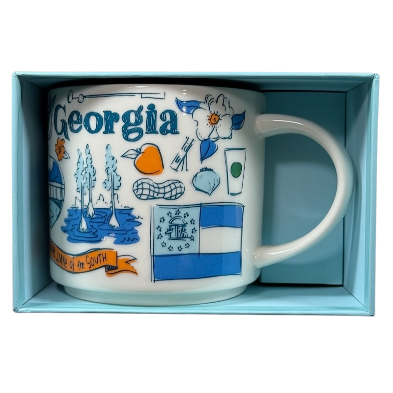 Starbucks Georgia Been There Series mug featuring Georgia-themed illustrations and symbols in a gift box