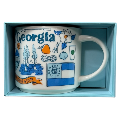 Starbucks Georgia Been There Series mug featuring Georgia-themed illustrations and symbols in a gift box
