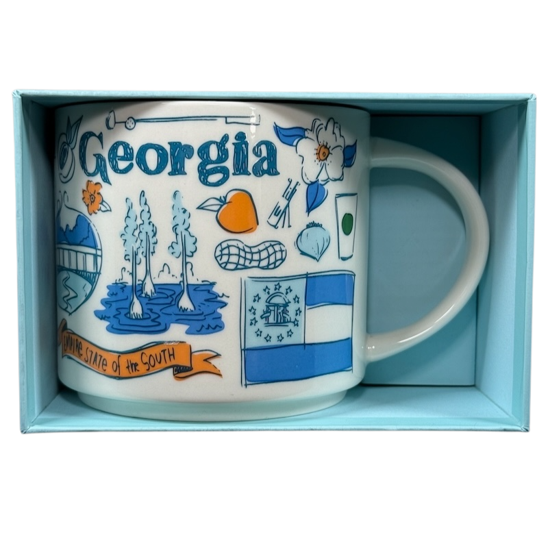 Starbucks Georgia Been There Series mug featuring state-themed illustrations in blue and orange colors