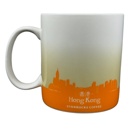Global Icon Collector Series Hong Kong Starbucks mug with an orange skyline design and white finish