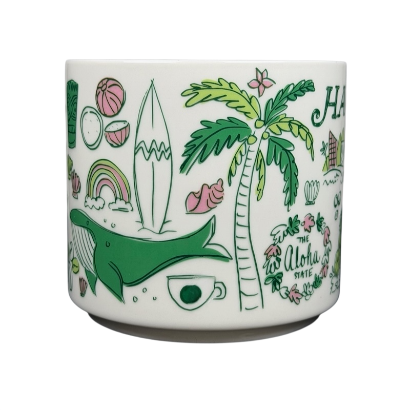 Starbucks Hawaii Been There mug featuring vibrant illustrations of palm trees, surfboards, and a whale
