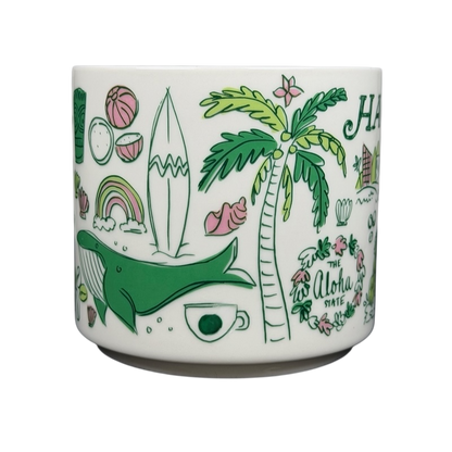Starbucks Hawaii Been There mug featuring vibrant illustrations of palm trees, surfboards, and a whale