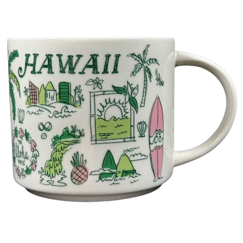 Starbucks Hawaii Been There mug with colorful tropical Hawaii illustrations and palm trees