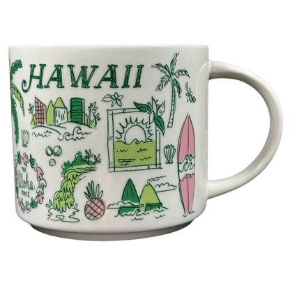 Starbucks Hawaii Been There mug with colorful tropical Hawaii illustrations and palm trees