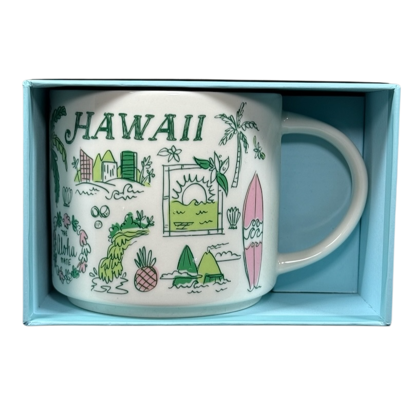 Starbucks Hawaii Been There mug with colorful island-themed illustrations in a blue box