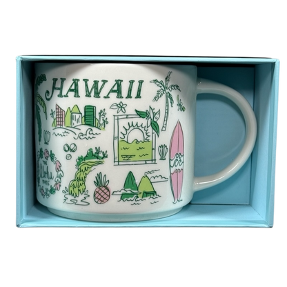Starbucks Hawaii Been There mug with colorful island-themed illustrations in a blue box