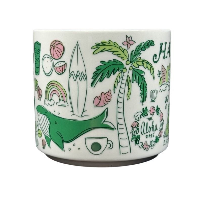 Starbucks Hawaii Been There mug with green whale, palm tree, and tropical Hawaii-themed illustrations