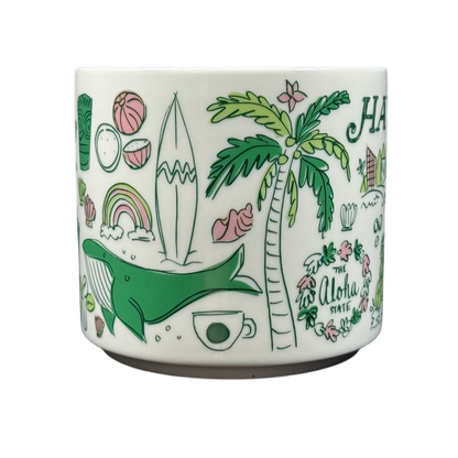 Starbucks Hawaii Been There mug with green whale, palm tree, and tropical Hawaii-themed illustrations