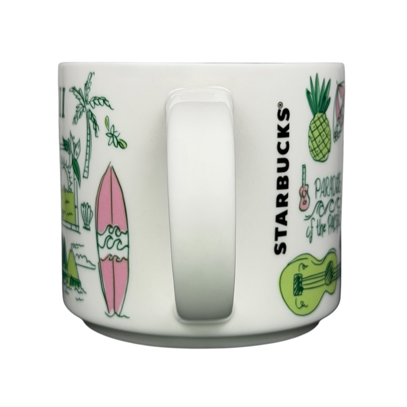 Starbucks Hawaii Been There mug featuring tropical designs like surfboards and pineapples