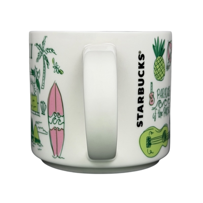 Starbucks Hawaii Been There mug featuring tropical designs like surfboards and pineapples