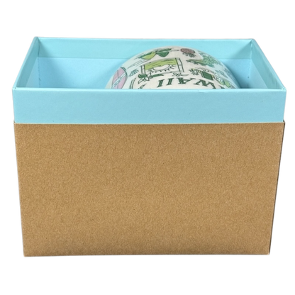 Starbucks Hawaii Been There mug partially visible inside a blue and brown gift box on black background