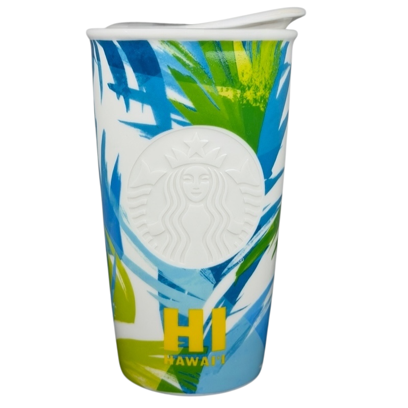 Starbucks Hawaii siren tumbler featuring vibrant tropical leaves and embossed logo for reusable enjoyment