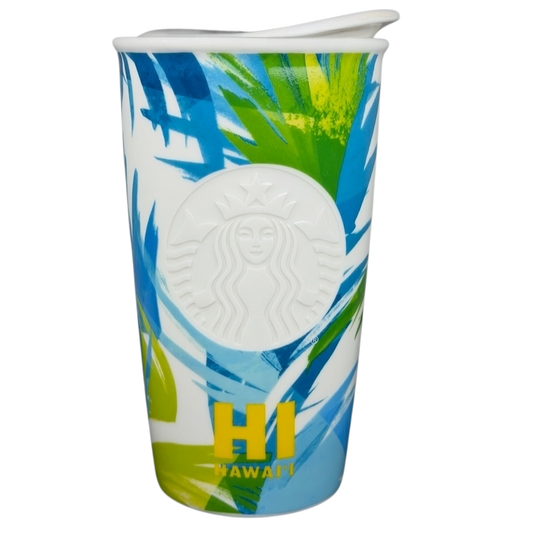Starbucks Hawaii siren tumbler featuring vibrant tropical leaves and embossed logo for reusable enjoyment