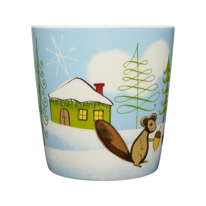 Starbucks Huxley the Mouse mug featuring winter scene with a cozy cabin and festive trees