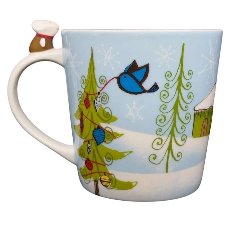 Starbucks Huxley the Mouse mug featuring colorful winter designs with trees and a bluebird