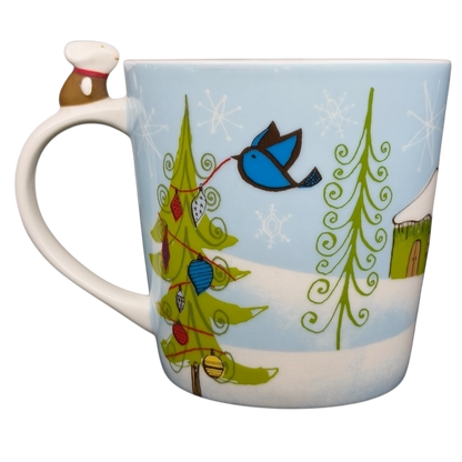 Starbucks Huxley the Mouse mug featuring colorful winter designs with trees and a bluebird