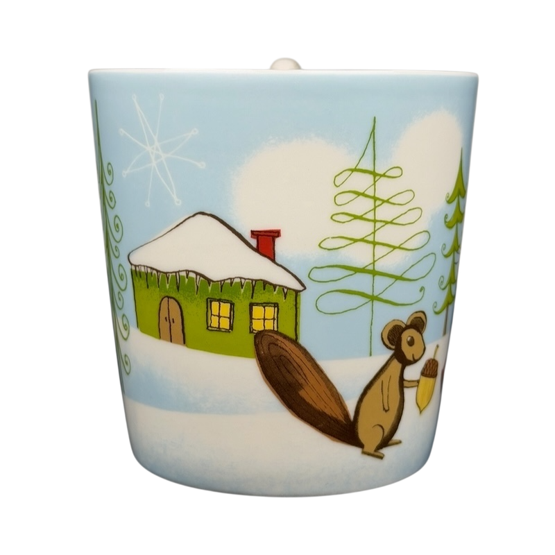 Starbucks Huxley the Mouse mug featuring winter landscape with a mouse and cabin design
