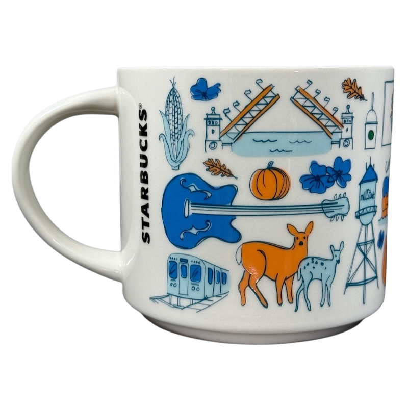Illinois Starbucks Been There mug with colorful Illinois-themed illustrations including deer, guitar, pumpkin, and subway train