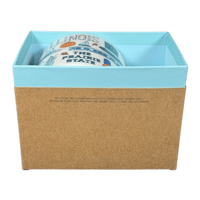 Illinois Starbucks Been There mug partially visible inside a brown and blue display box