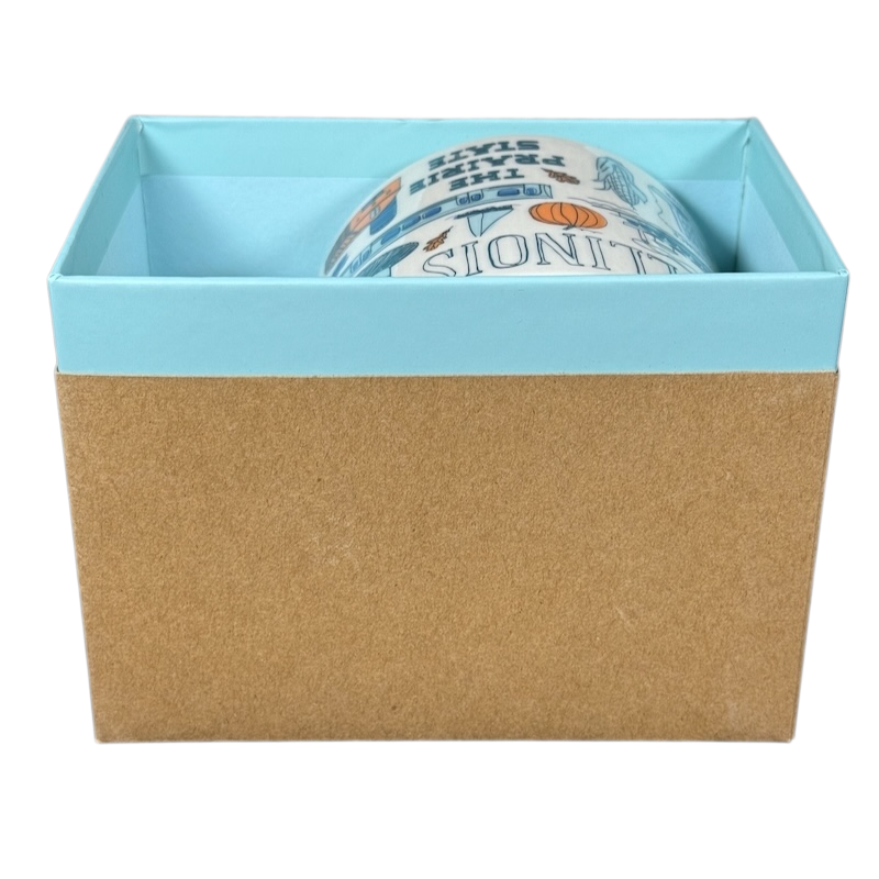 Illinois Starbucks Been There mug partially visible inside open blue and brown gift box