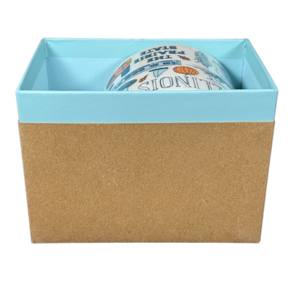 Illinois Starbucks Been There mug partially visible inside open blue and brown gift box