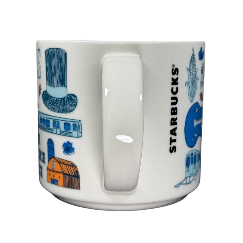 Illinois Starbucks Been There mug with blue and orange Illinois-themed illustrations and white handle