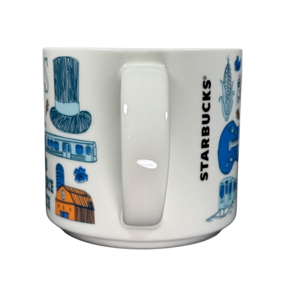 Illinois Starbucks Been There mug with blue and orange Illinois-themed illustrations and white handle