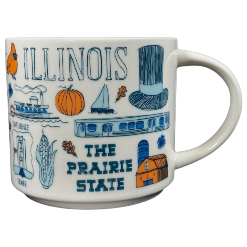 Illinois Starbucks Been There mug featuring state icons like pumpkin and train in blue and orange