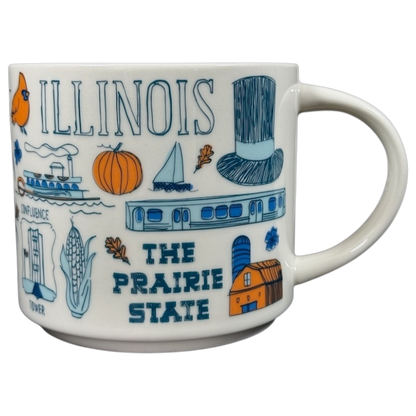 Illinois Starbucks Been There mug featuring state icons like pumpkin and train in blue and orange