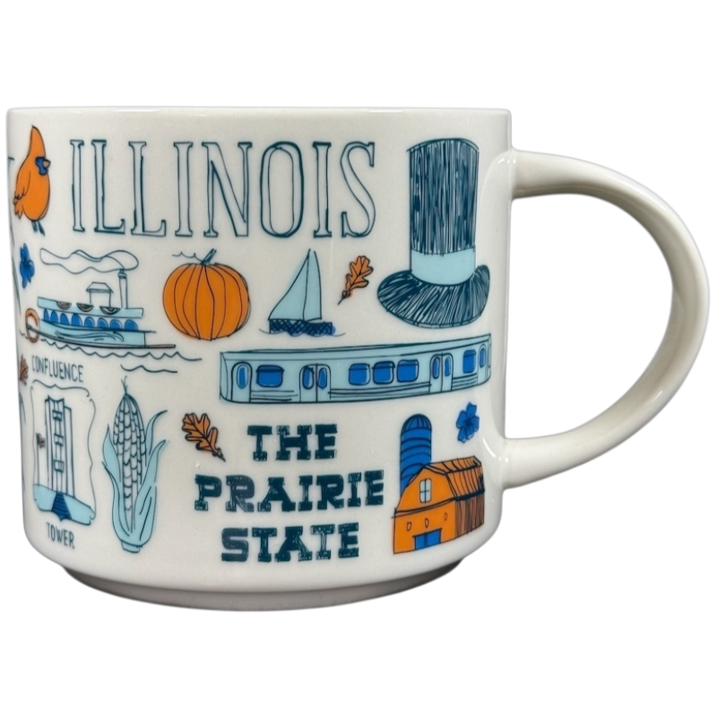 Illinois Starbucks Been There mug featuring state-themed illustrations and landmarks in blue and orange