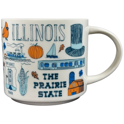 Illinois Starbucks Been There mug featuring state-themed illustrations and landmarks in blue and orange