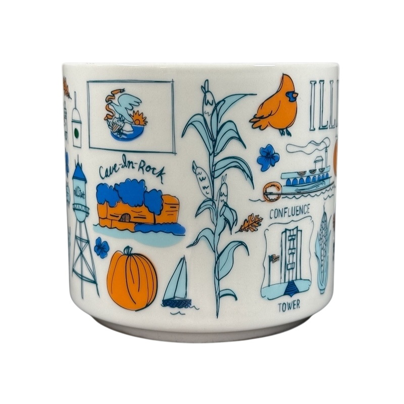 Illinois Starbucks Been There mug with colorful state-themed illustrations in blue and orange