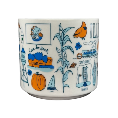 Illinois Starbucks Been There mug with colorful state-themed illustrations in blue and orange