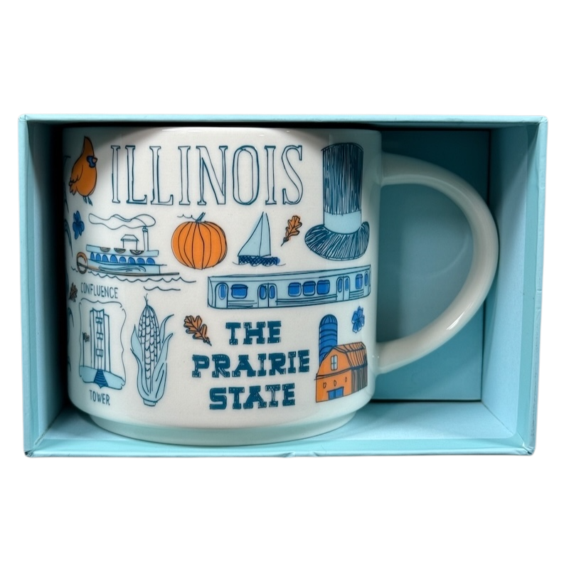 Illinois Starbucks Been There mug featuring state-themed illustrations including pumpkin, train, and The Prairie State text