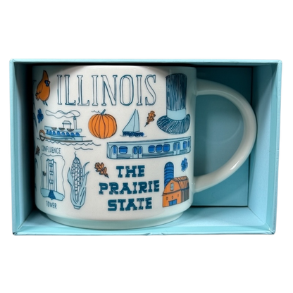 Illinois Starbucks Been There mug featuring state-themed illustrations including pumpkin, train, and The Prairie State text
