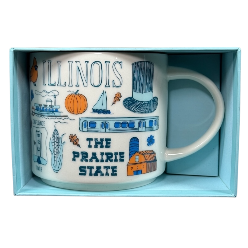 Illinois Starbucks Been There mug featuring state icons like pumpkin, train, and The Prairie State text