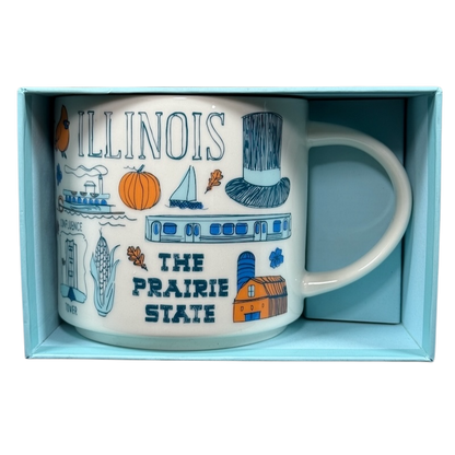 Illinois Starbucks Been There mug featuring state icons like pumpkin, train, and The Prairie State text