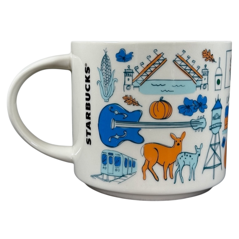Illinois Starbucks Been There mug featuring colorful icons including a guitar, deer, train, and landmarks