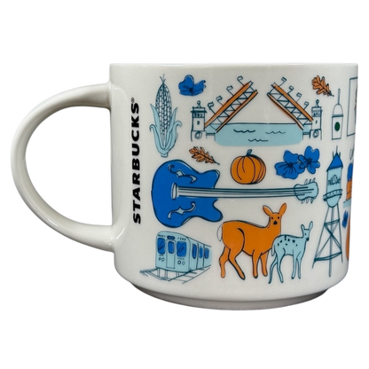 Illinois Starbucks Been There mug featuring colorful icons including a guitar, deer, train, and landmarks