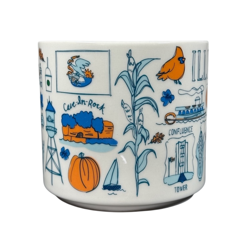Illinois Starbucks Been There mug featuring orange and blue Illinois landmarks and symbols on white ceramic